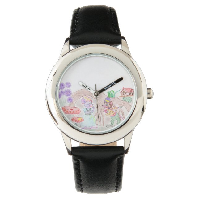 Montre Custom Kids Artwork, deux mignonnes souris, fleurs (devant)