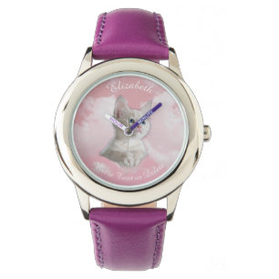 Montre Cute Blanc Kitten Pink Sky Nuages Nom, Texte suppl