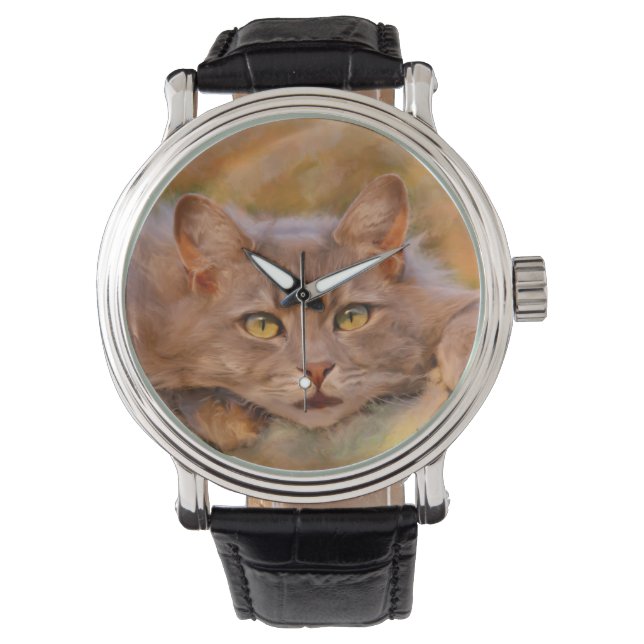 Montre Cute Brown Chat Aquarelle Huile peinture (devant)