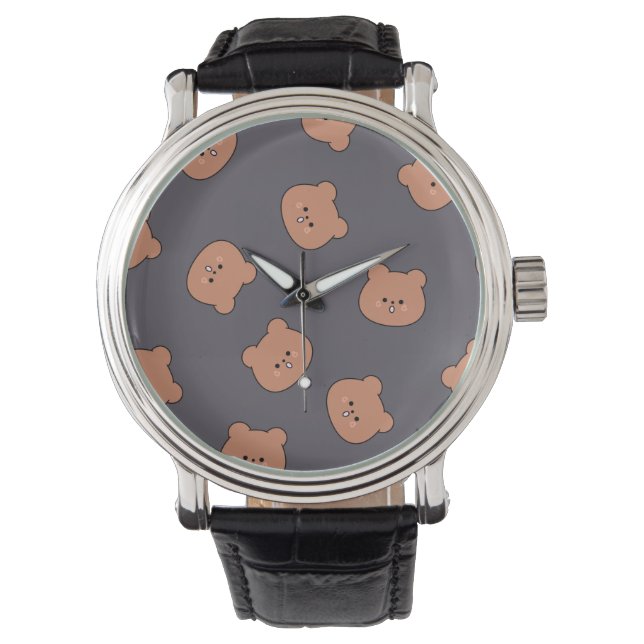 Montre Cute Brown Teddy Bear Face Pattern Dark Blue (devant)