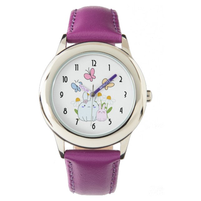 Montre Cute Bunnies avec marguerites de printemps et papi (devant)