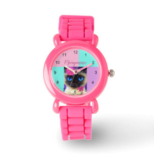 Montre Cute Cat Siamese Parties scintillant rose Nom Illu