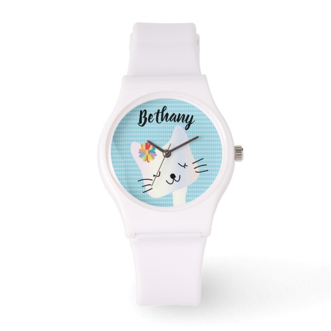 Montre Cute Chat et Fleurs Dotty Personnalisé (Recto)