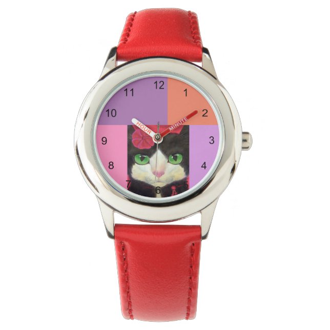 Montre Cute Chat Noir Et Blanc Tuxedo Illustration Rouge (devant)