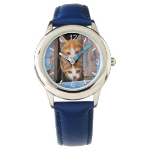 Montre Cute Chatte Chatte Kittens en Vintage Bleu Fenêtre
