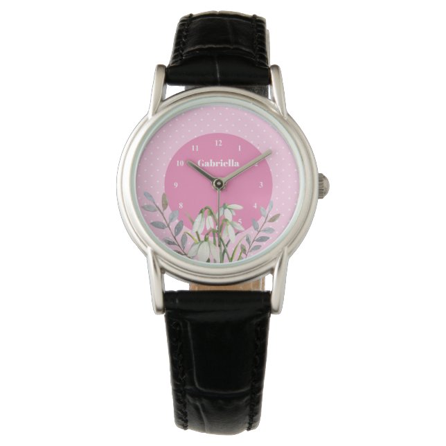 Montre Cute douce Blancs neige Pois rose feuillus (devant)