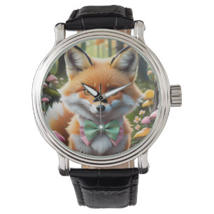 Montre Cute Fox avec arc vert et rose