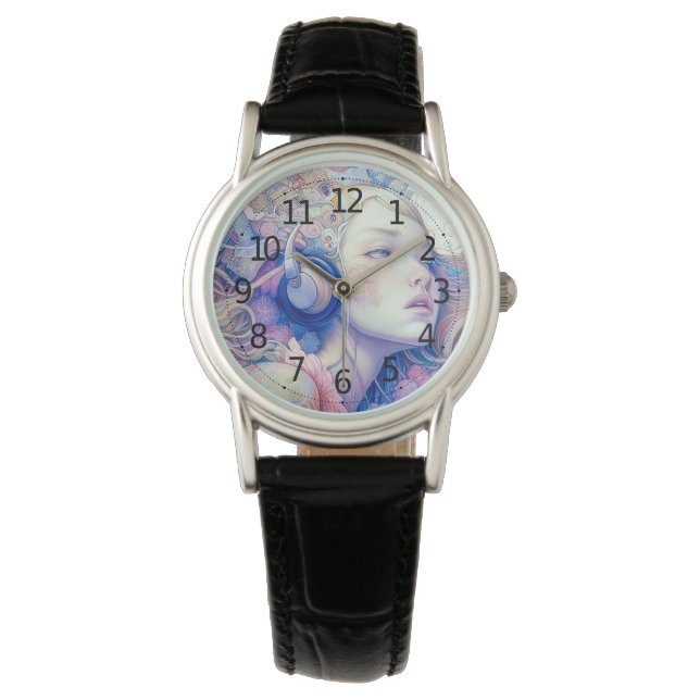 Montre Cute Girl with Headphone Music Oeuvre moderne | (devant)