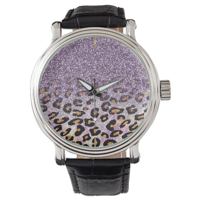 Montre Cute girly trendy purple faux glitter leopard (devant)