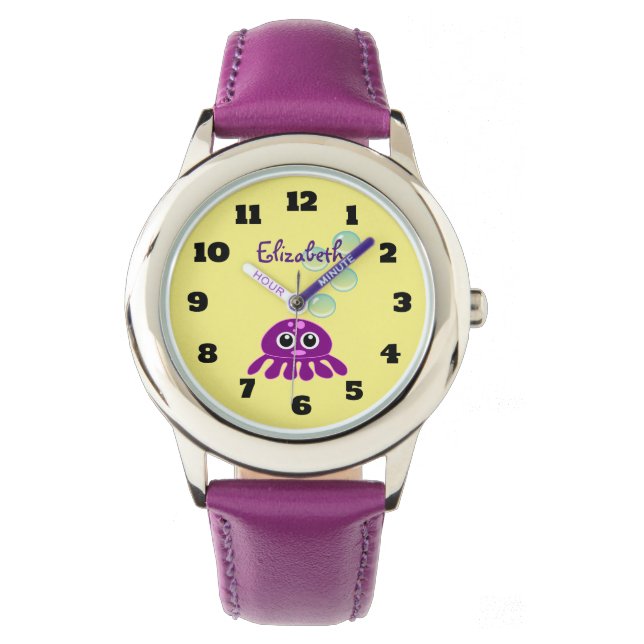 Montre Cute Kawaii méduse violette avec des bulles bleues (devant)