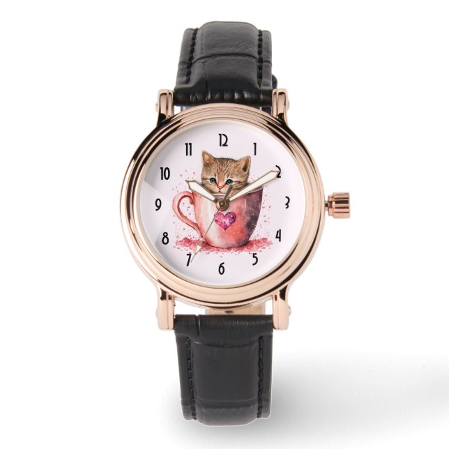 Montre Cute Kitten dans un Teacup avec les coeurs (Recto)