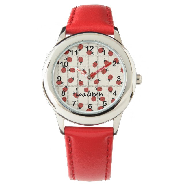 Montre Cute Ladybugs & Custom Name on Cream White (devant)