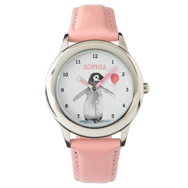 Montre Cute Penguin Animal Aquarelle Girls Rose (devant)