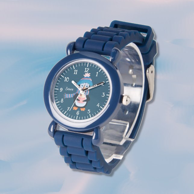 Montre Cute Penguin Kid Blue Watch avec nom (Créateur téléchargé)