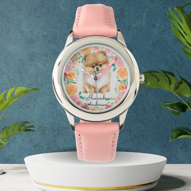 Montre Cute Pomeranian avec monogramme de fleurs d'aquare (Créateur téléchargé)