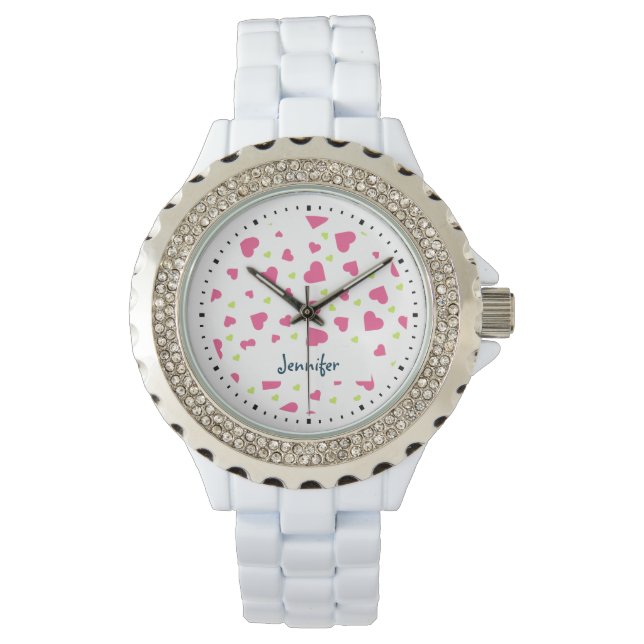 Montre Cute rose et vert Tumbling Hearts Motif (devant)