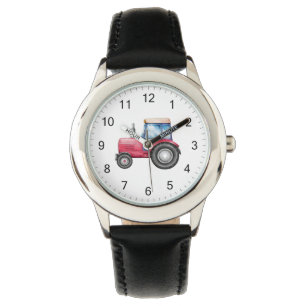 Montre Cute rouge tracteur ferme aquarelle enfants
