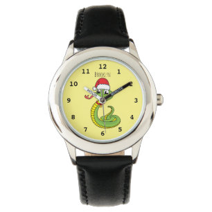Montre Cute serpent vert avec chapeau santa dessin animé