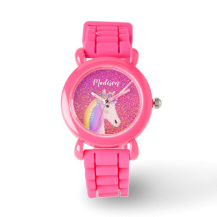 Montre Cute Unicorn Parties scintillant rose Personnalisé