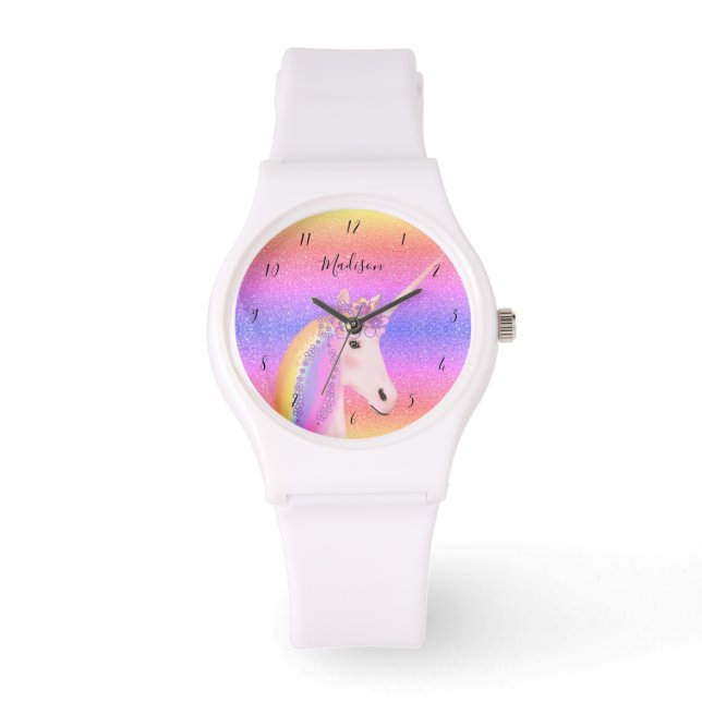 Montre Cute Unicorn Rainbow Parties scintillant Monogramm (Recto)