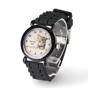 Montre Cute unisex péeeeking chat enfants ajouter nom