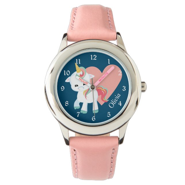 Montre Cute White Unicorn Coeur rose (devant)