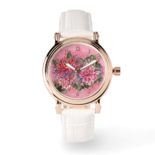 Montre Dahlias fleurs rose aquarelle