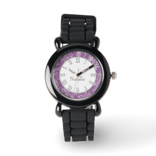 Montre Damask fleur sauvage print nom violet bracelet
