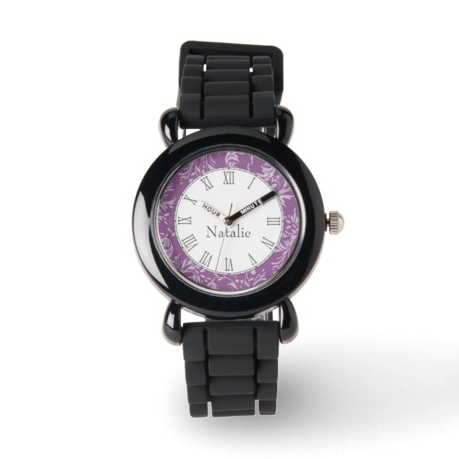 Montre Damask fleur sauvage print violet nom bracelet (Recto)