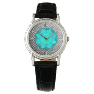 Montre Damassé argentée avec une gemme/jewell bleu vert