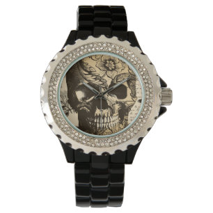 Montre de dames noire et blanche de crâne vintage