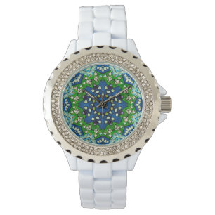 Montre de Motif bleu vert en mosaïque Mandala Retr