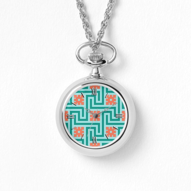 Montre Déco clé grecque, turquoise, aqua et corail (Recto)