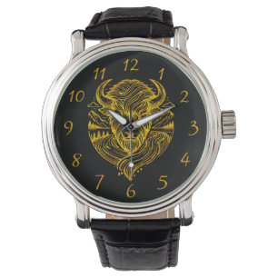 Montre Décor de tête de bison d'or floral