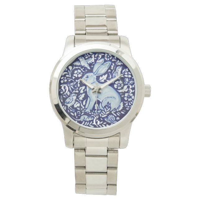 Montre Dedham Cobalt Blue White Rabbit Bird Floral Watch (devant)