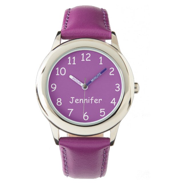 Montre d'enfant violet et blanc, bracelet violet (devant)