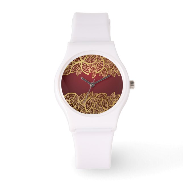 Montre Dentelle en feuille d'or sur arrière - plan rouge (Recto)