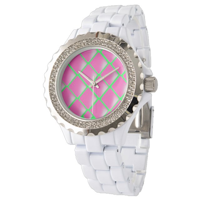 Montre Design diamant en rose et vert (Incliné)