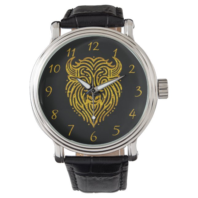 Montre Design élégant d'une tête de bison doré (devant)