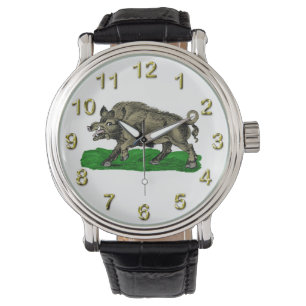 Montre Dessin de sanglier vintage en noir et blanc #3C
