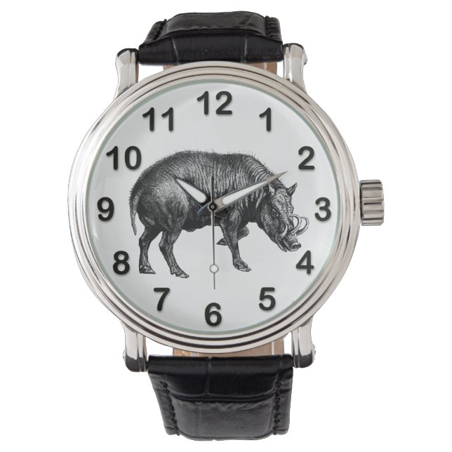 Montre Dessin vintage de sanglier en noir et blanc (devant)