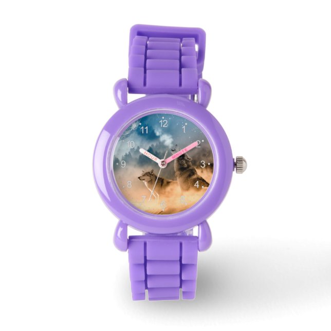 Montre Deux loups hurlent à la pleine lune dans la forêt (Recto)