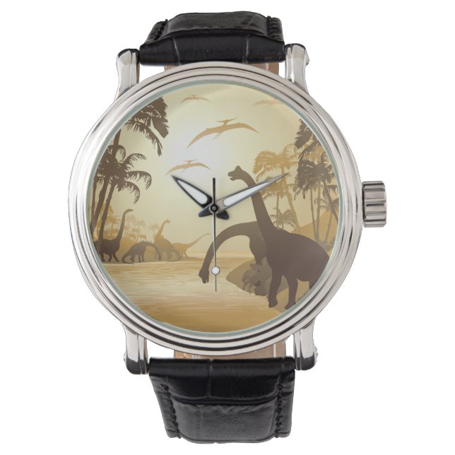 Montre Dinosaures sur le paysage jurassique tropical (devant)
