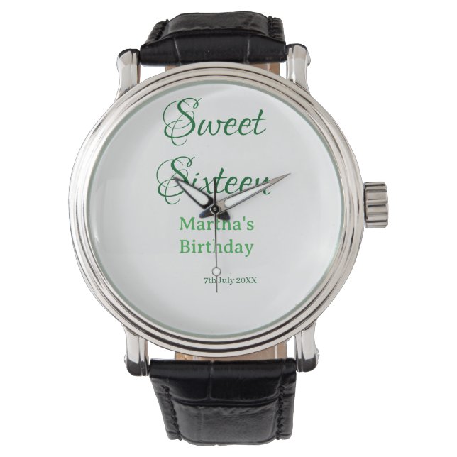 Montre Douce Seize vert nom date calligraphie boho ret (devant)