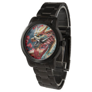 Montre Dragon à respiration par feu balance or bleu et ro