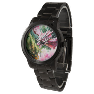 Montre Dragon respirant le feu vibrante écailles roses