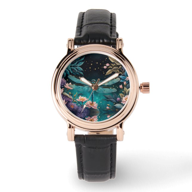 Montre Dragonfly dans un jardin fleuri la nuit (Recto)