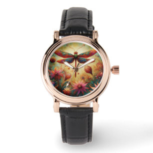 Montre Dragonfly lunaire Floral Art Abstrait Turquoise ro