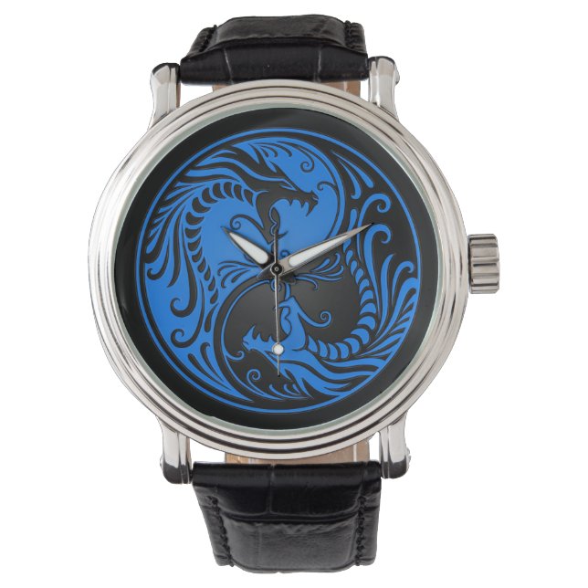 Montre Dragons Yin Yang bleu et noir (devant)