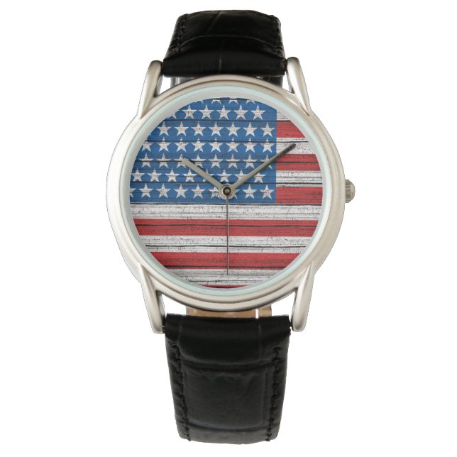 Montre Drapeau Américain Sur Motif De Grain De Bois Patin (devant)
